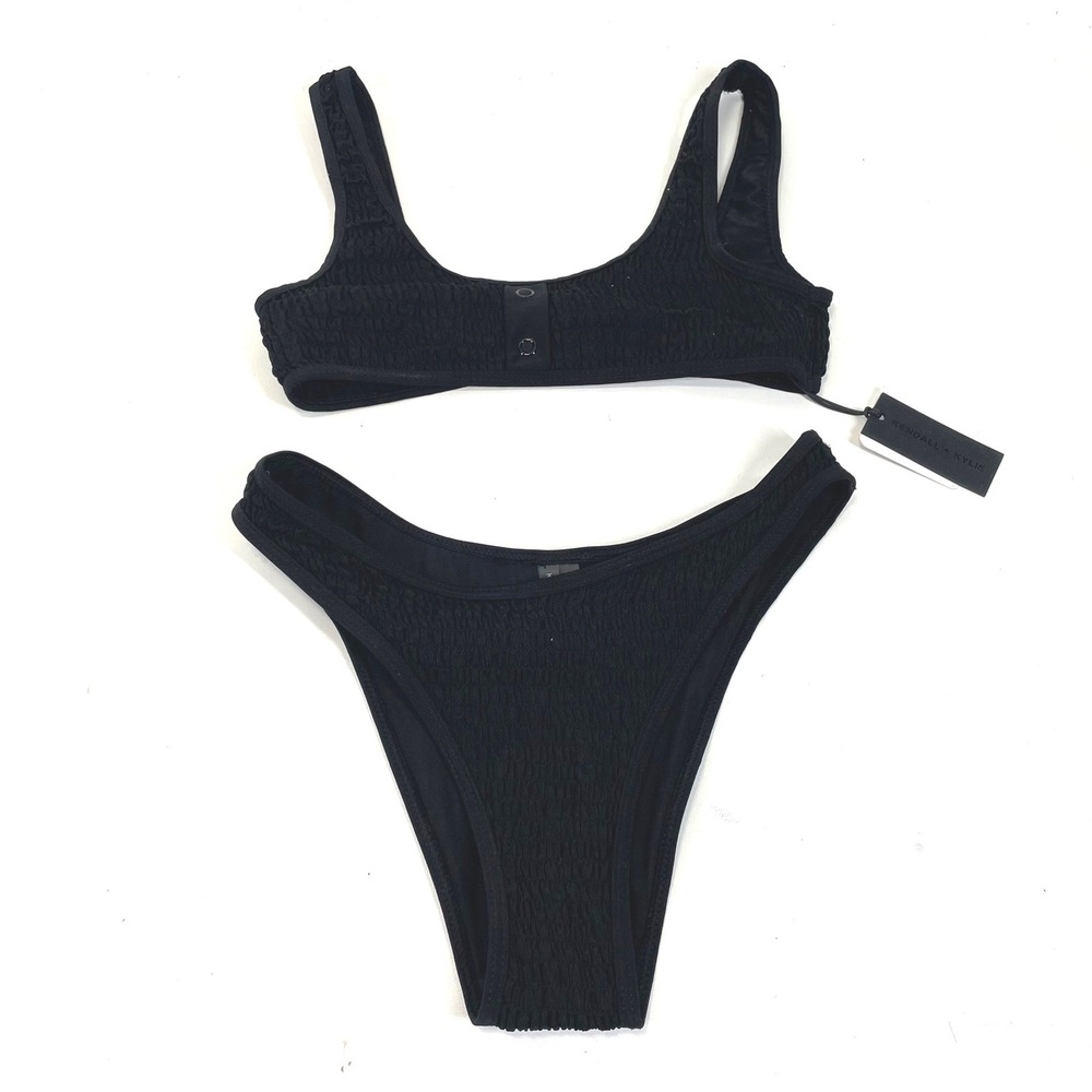 Kendall + Kylie Womens Black Smocked Henley Bikini Set Size S NWT